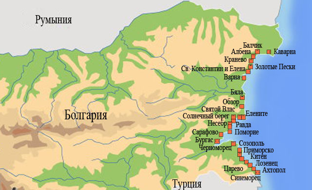Карта всех морских курортов Болгарии